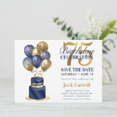 75e verjaardag Navy Blue Balloon Cake Save The Date (Staand voorkant)