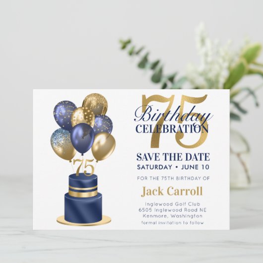 75e verjaardag Navy Blue Balloon Cake Save The Date (Staand voorkant)