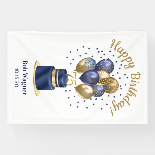 75e verjaardag Navy Blue Balloon Cake Spandoek (Horizontaal)