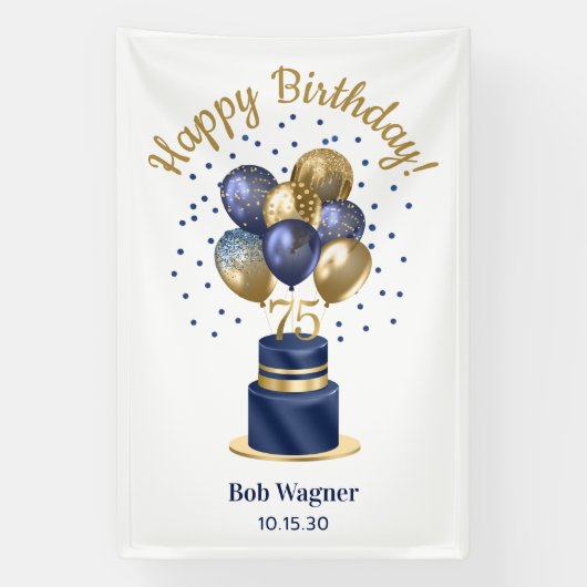 75e verjaardag Navy Blue Balloon Cake Spandoek (Verticaal)