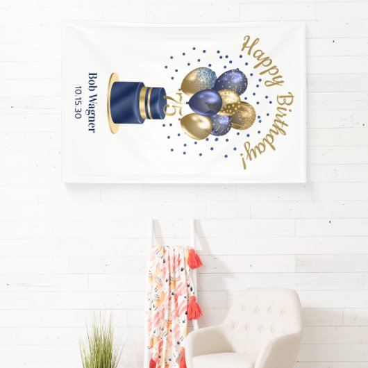 75e verjaardag Navy Blue Balloon Cake Spandoek (Insitu)