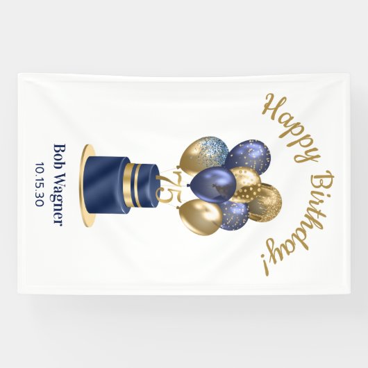 75e verjaardag Navy Blue Balloon Cake Spandoek (Horizontaal)