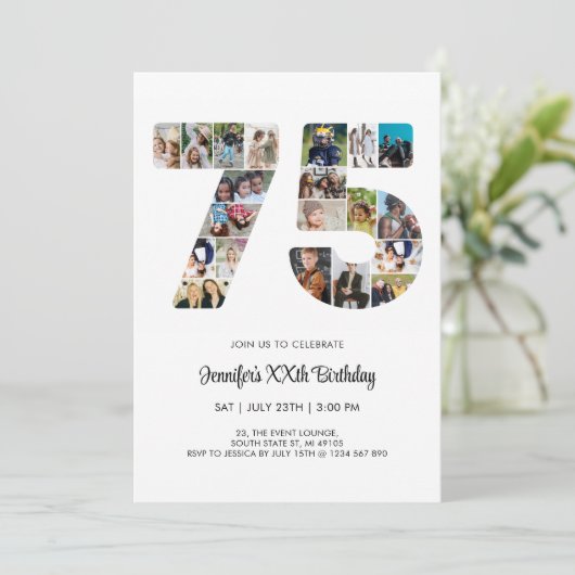 75e verjaardag nummer 75 aangepaste foto collage kaart (Staand voorkant)