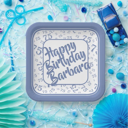 75e verjaardag Party Nummer Patroon Blauw Wit Papieren Bordje (Feest)