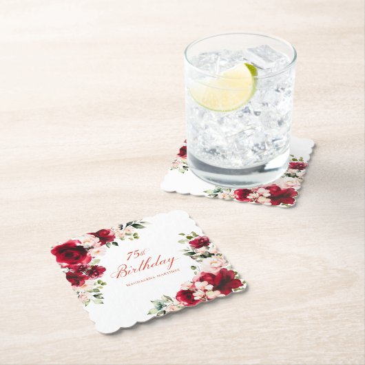 75e Verjaardag Party Rood Roze Bloemen Custom Kartonnen Onderzetters (Insitu)