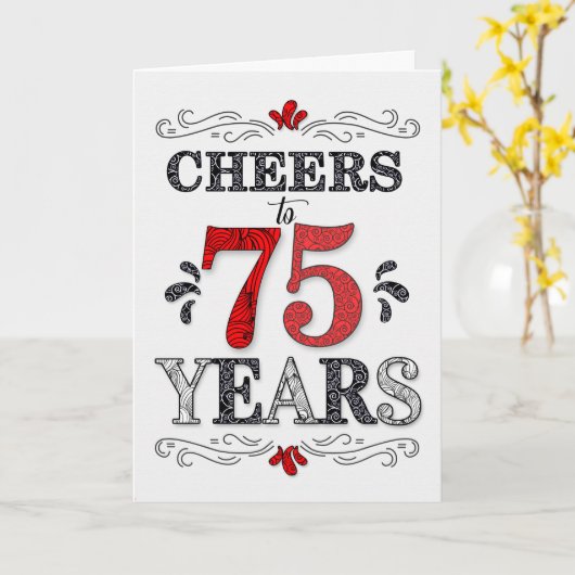 75e verjaardag Proost in rood wit zwart patroon Kaart (Gele Bloem)