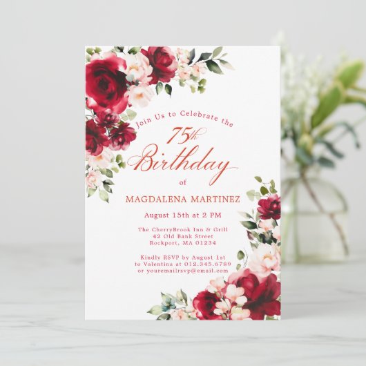 75e Verjaardag Red Rose Pink Peony Floral Kaart (Staand voorkant)