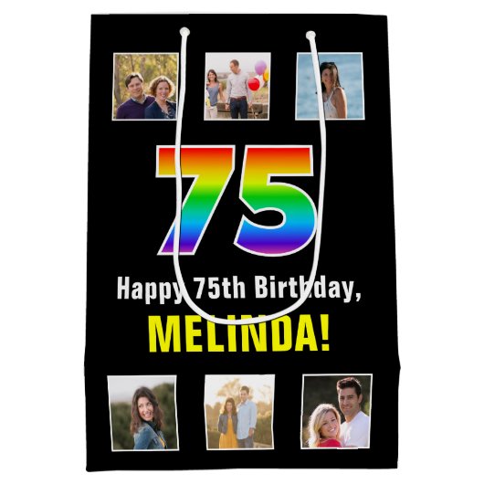 75e verjaardag: Regenboog "75", aangepaste foto's  Medium Cadeauzakje (Achterkant)