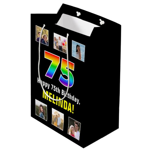 75e verjaardag: Regenboog "75", aangepaste foto's  Medium Cadeauzakje (Achterkant Gekanteld)