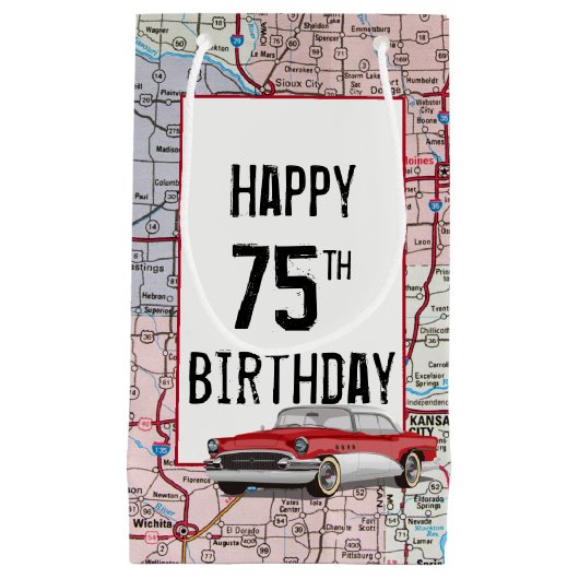 75e verjaardag Retro Buick on Map Klein Cadeauzakje (Voorkant)