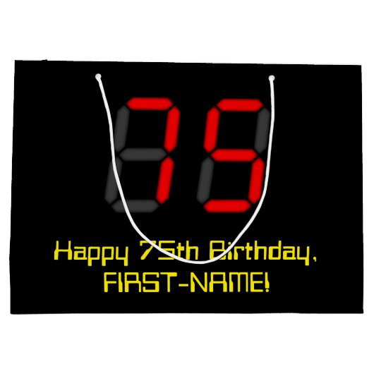 75e verjaardag: Rode digitale klok stijl "75" + na Groot Cadeauzakje (Achterkant)