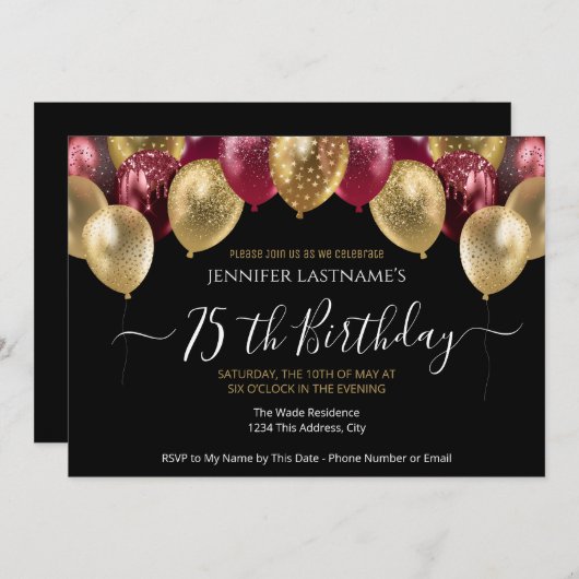 75e verjaardag Rode en gouduitnodiging Kaart (Voorkant / Achterkant)