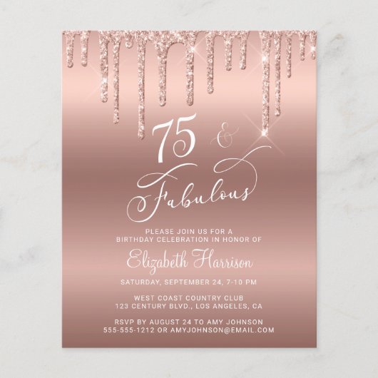 75e verjaardag Roos Gold Glitter Budget Invitation (Voorkant)