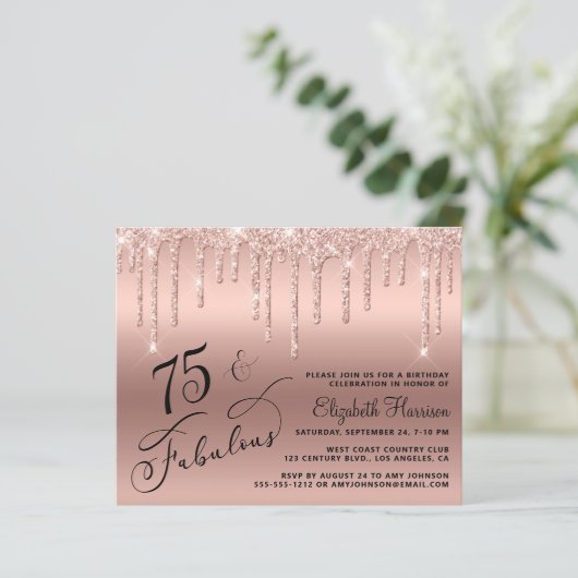 75e verjaardag Roos Gold Glitter Budget Invitation (Staand voorkant)