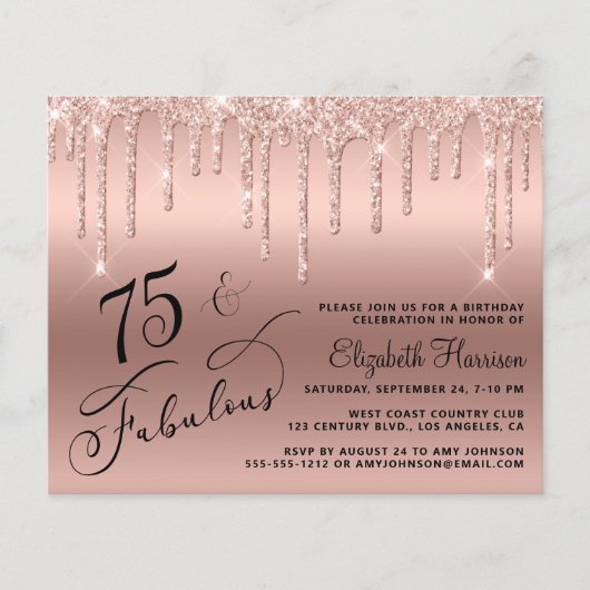 75e verjaardag Roos Gold Glitter Budget Invitation (Voorkant)
