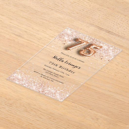 75e verjaardag roos gouden confetti Clear Acryl Uitnodigingen (Laagn)