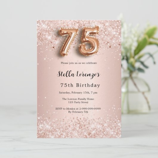 75e verjaardag roos gouden roze confetti luxe kaart (Staand voorkant)