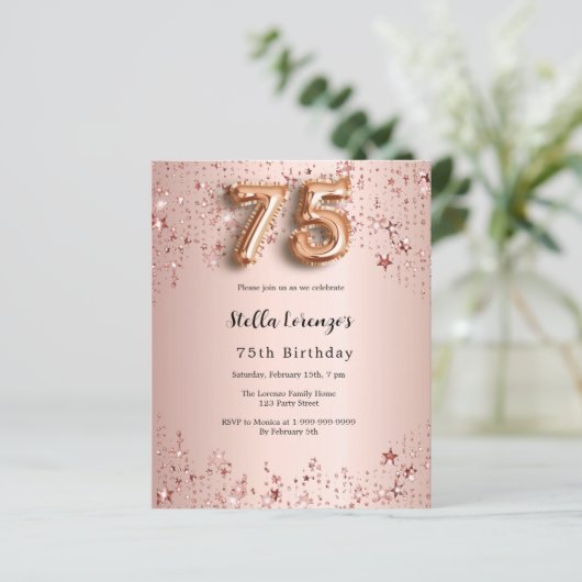75e verjaardag roos gouden roze sterren uitnodigin (Staand voorkant)