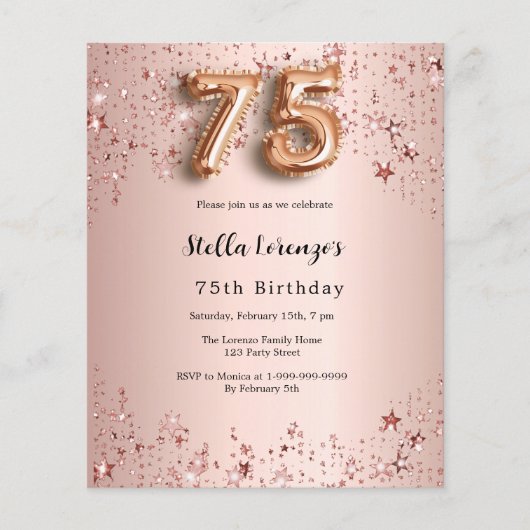 75e verjaardag roos gouden roze sterren uitnodigin (Voorkant)