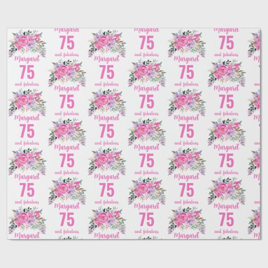 75e verjaardag roze floral cadeaupapier (Vlak)