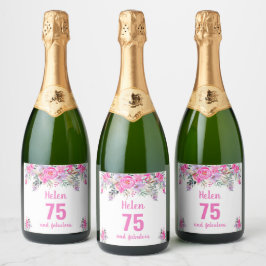 75e verjaardag roze floral sparkling wijnetiket