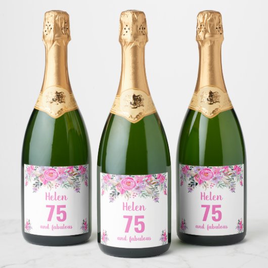 75e verjaardag roze floral sparkling wijnetiket (Flessen)