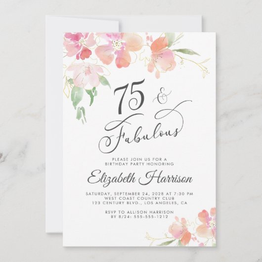 75e verjaardag Roze Floral Waterverf Partij Kaart (Voorkant)
