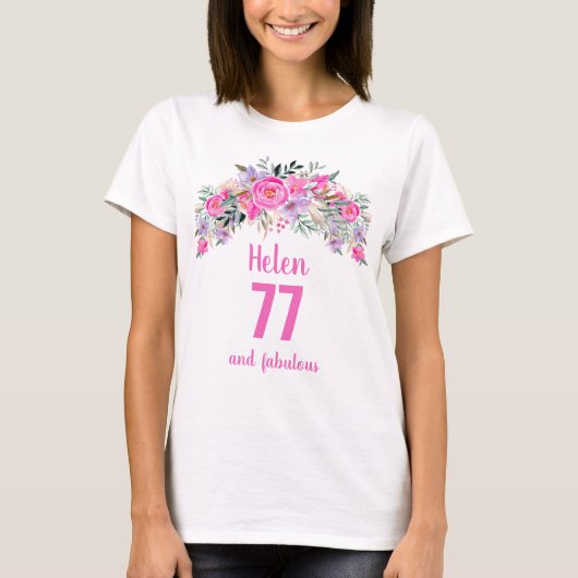 75e verjaardag roze florale naam t-shirt (Voorkant)