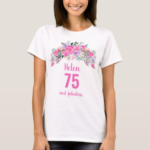75e verjaardag roze florale naam t-shirt