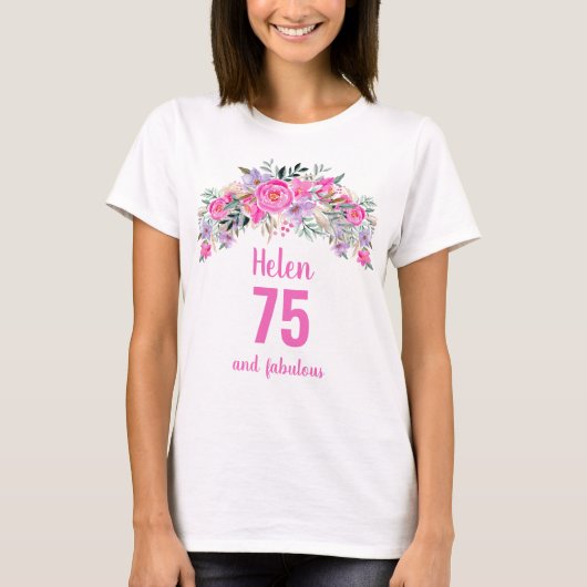 75e verjaardag roze florale naam t-shirt (Voorkant)