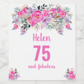 75e verjaardag Roze florale wijnetiket Wijn Etiket (Enkel label)