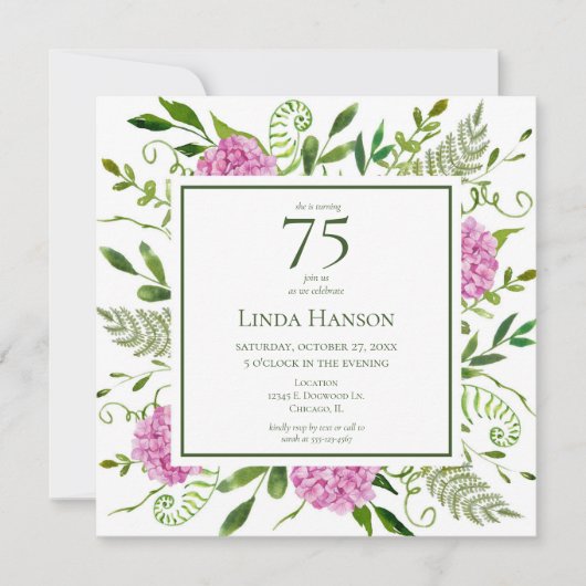 75e verjaardag Roze hydrangeas Kaart (Voorkant)