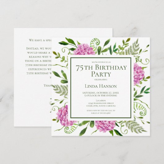 75e Verjaardag Roze Hydrangeas Kaart Verzoek (Voorkant / Achterkant)