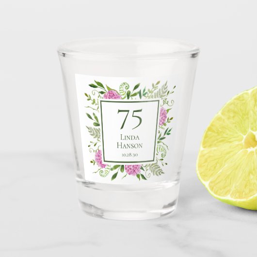 75e verjaardag Roze hydrangeas Shot Glas (Voorkant)