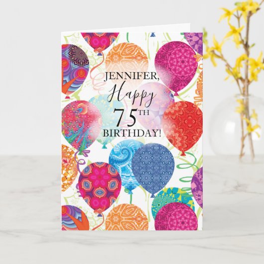 75e Verjaardag Roze Sinaasappel Turquoise Ballonne Kaart (Gele Bloem)