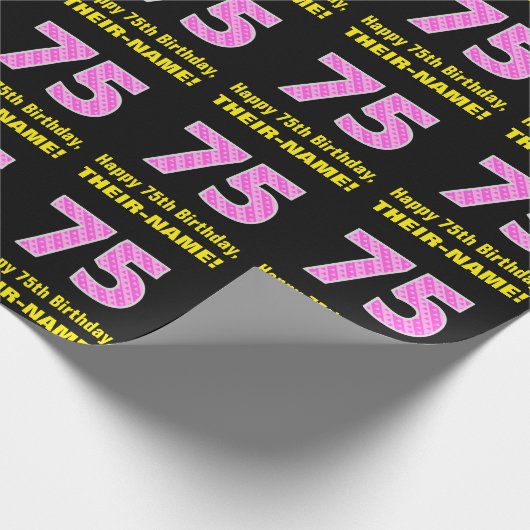 75e verjaardag: roze strepen en harten "75" + naam cadeaupapier (Hoek)