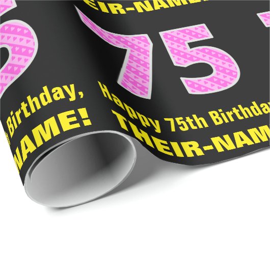 75e verjaardag: roze strepen en harten "75" + naam cadeaupapier (Rol Hoek)