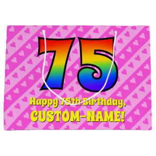 75e verjaardag: roze strepen & harten, regenboog # groot cadeauzakje