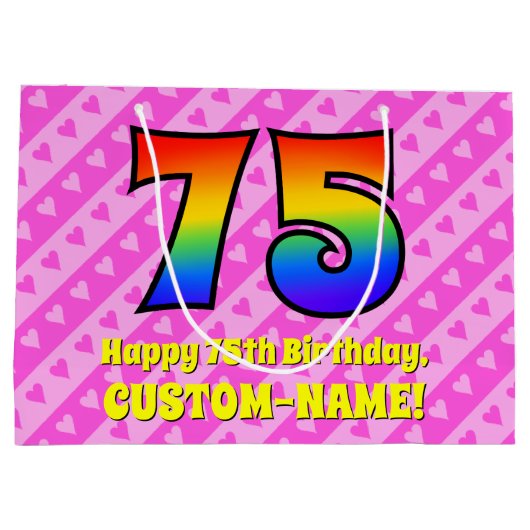 75e verjaardag: roze strepen & harten, regenboog # groot cadeauzakje (Achterkant)