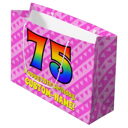 75e verjaardag: roze strepen & harten, regenboog # groot cadeauzakje (Voorkant Gekanteld)