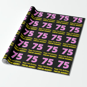75e verjaardag: Roze strips en harten "75" + Naam Cadeaupapier