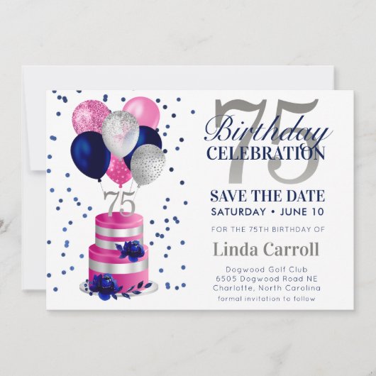 75e verjaardag roze taart opslaan de datum uitnodi kaart (Voorkant)