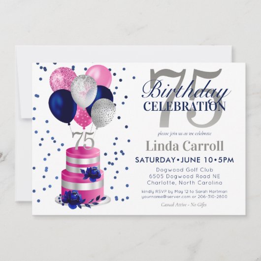 75e verjaardag roze taart uitnodiging (Voorkant)