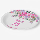 75e verjaardag roze waterverf bloemig papieren bordje (Gekanteld)