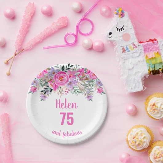 75e verjaardag roze waterverf bloemig papieren bordje (Feest)