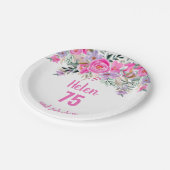 75e verjaardag roze waterverf bloemig papieren bordje (Gekanteld)