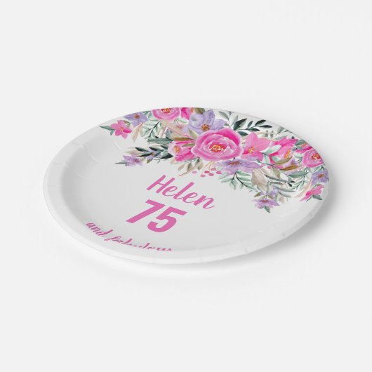75e verjaardag roze waterverf bloemig papieren bordje (Gekanteld)