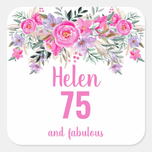 75e verjaardag roze waterverf floral classic vierkante sticker (Voorkant)
