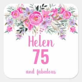 75e verjaardag roze waterverf floral classic vierkante sticker