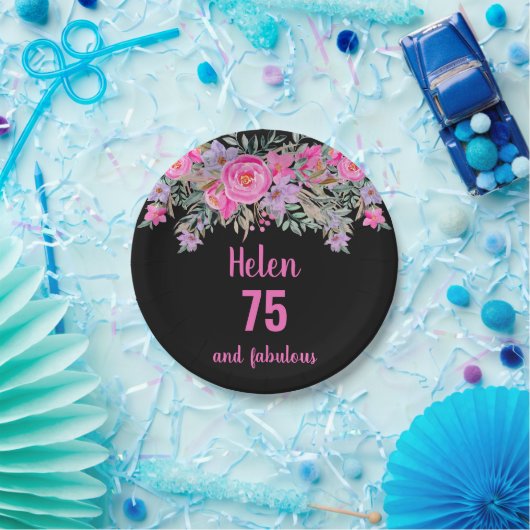 75e verjaardag roze zwart waterverf bloemig papieren bordje (Feest)